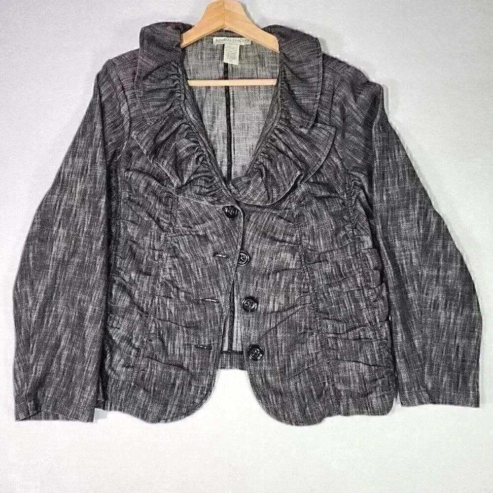 Y2K Bamboo Traders Women's Ruffle Collar‎ Jacket XL Charcoal Button Light Weight